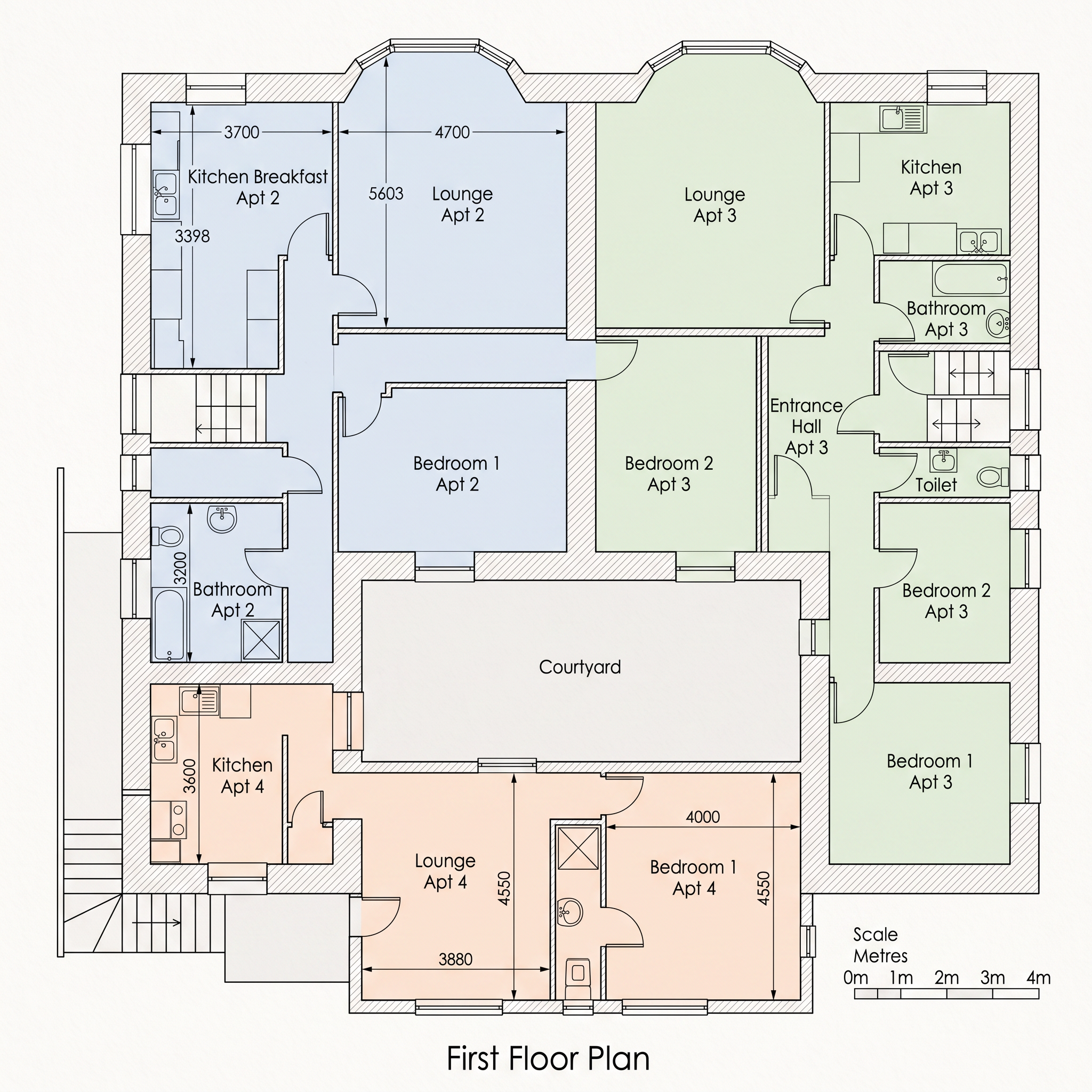 First floor plan showing Apartments 2, 3 and 4 with kitchens, lounges, bedrooms and bathrooms around a central courtyard