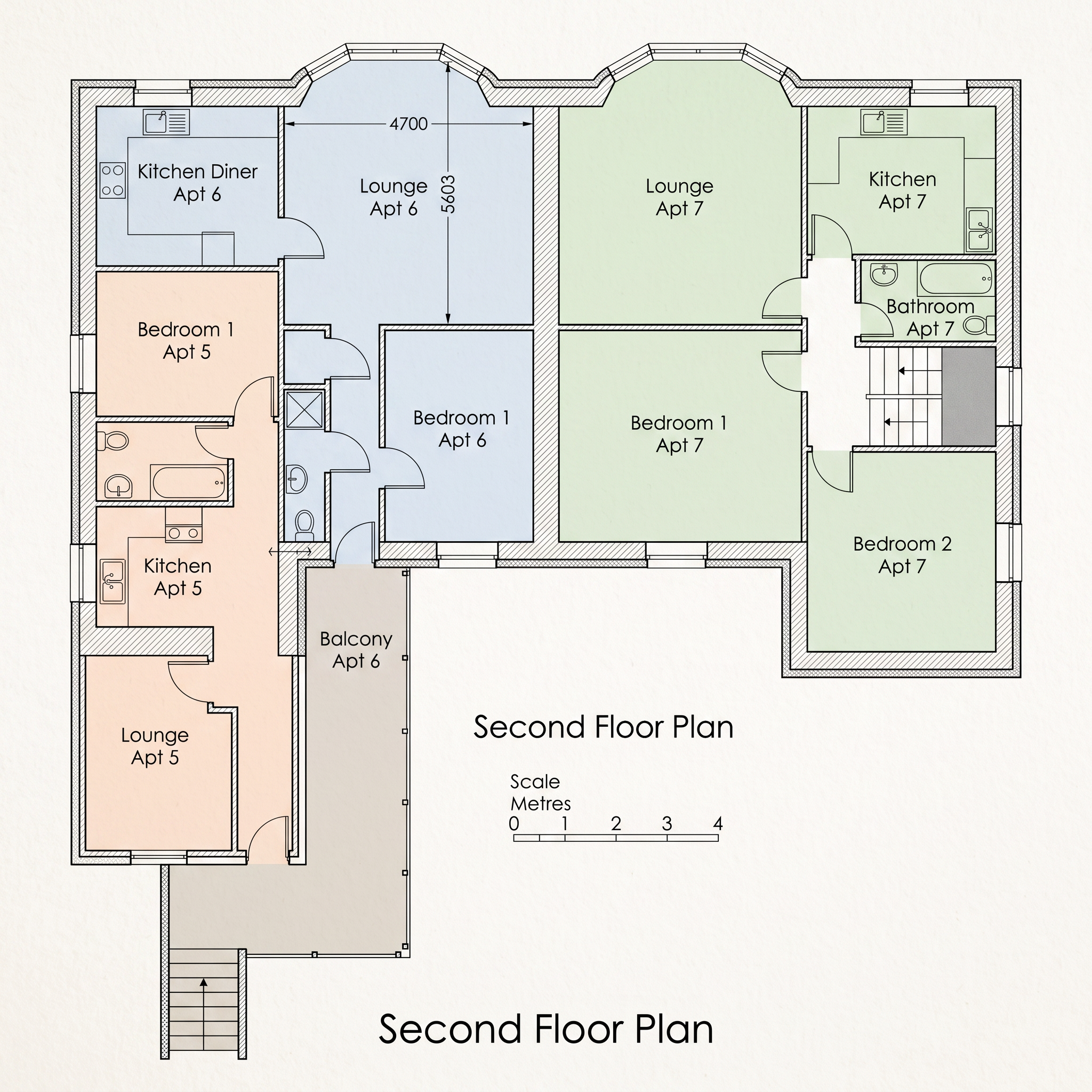 Second floor plan showing Apartments 5, 6 and 7 with a private balcony to Apartment 6