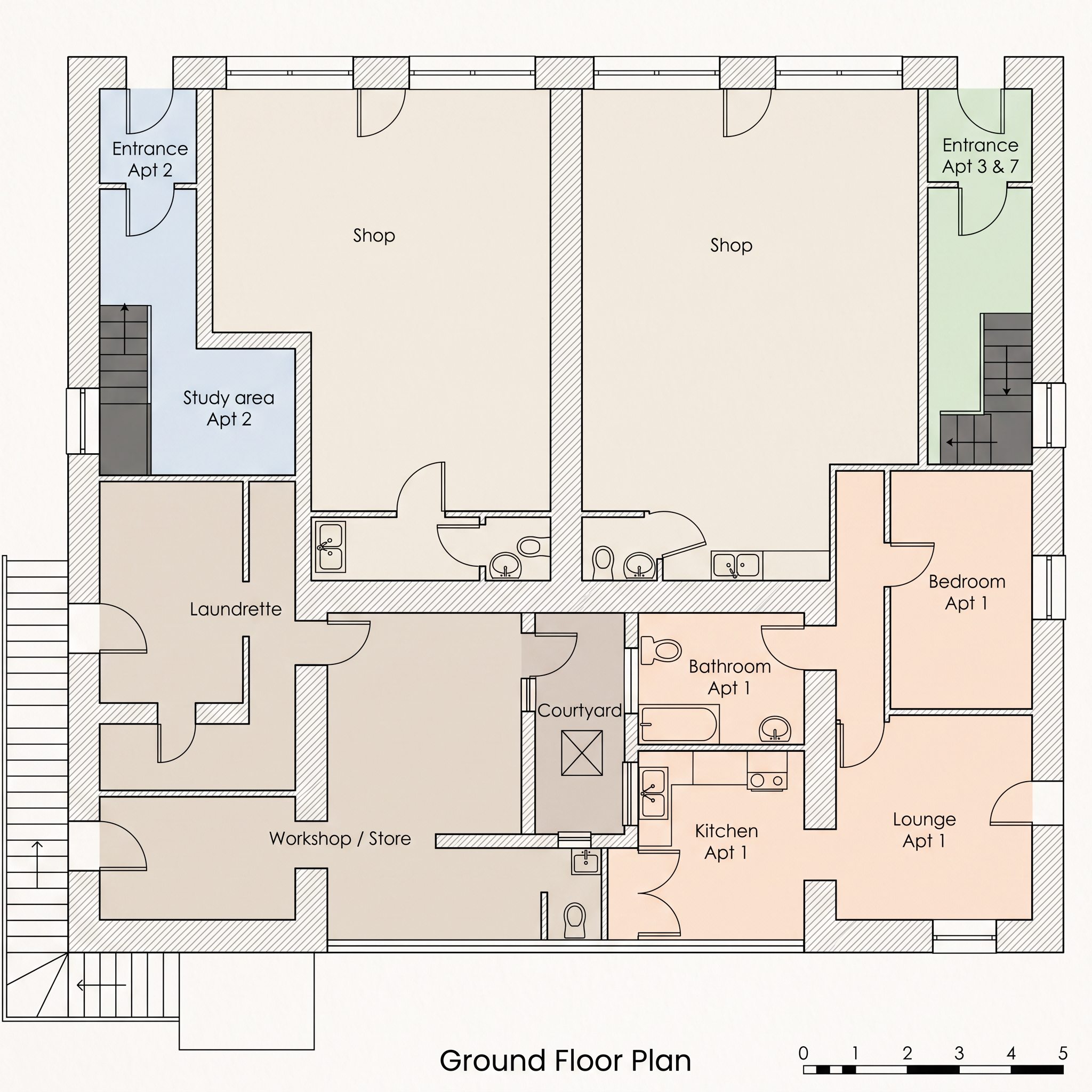 Ground floor plan showing two retail shops, Apartment 1, entrances to Apartments 2, 3 and 7, laundrette, workshop and courtyard